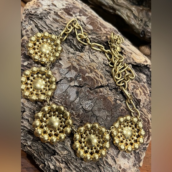 Authentic J. Crew Necklace 5 Medallions Antique Brushed Gold Tone White Crystals - Picture 3 of 10